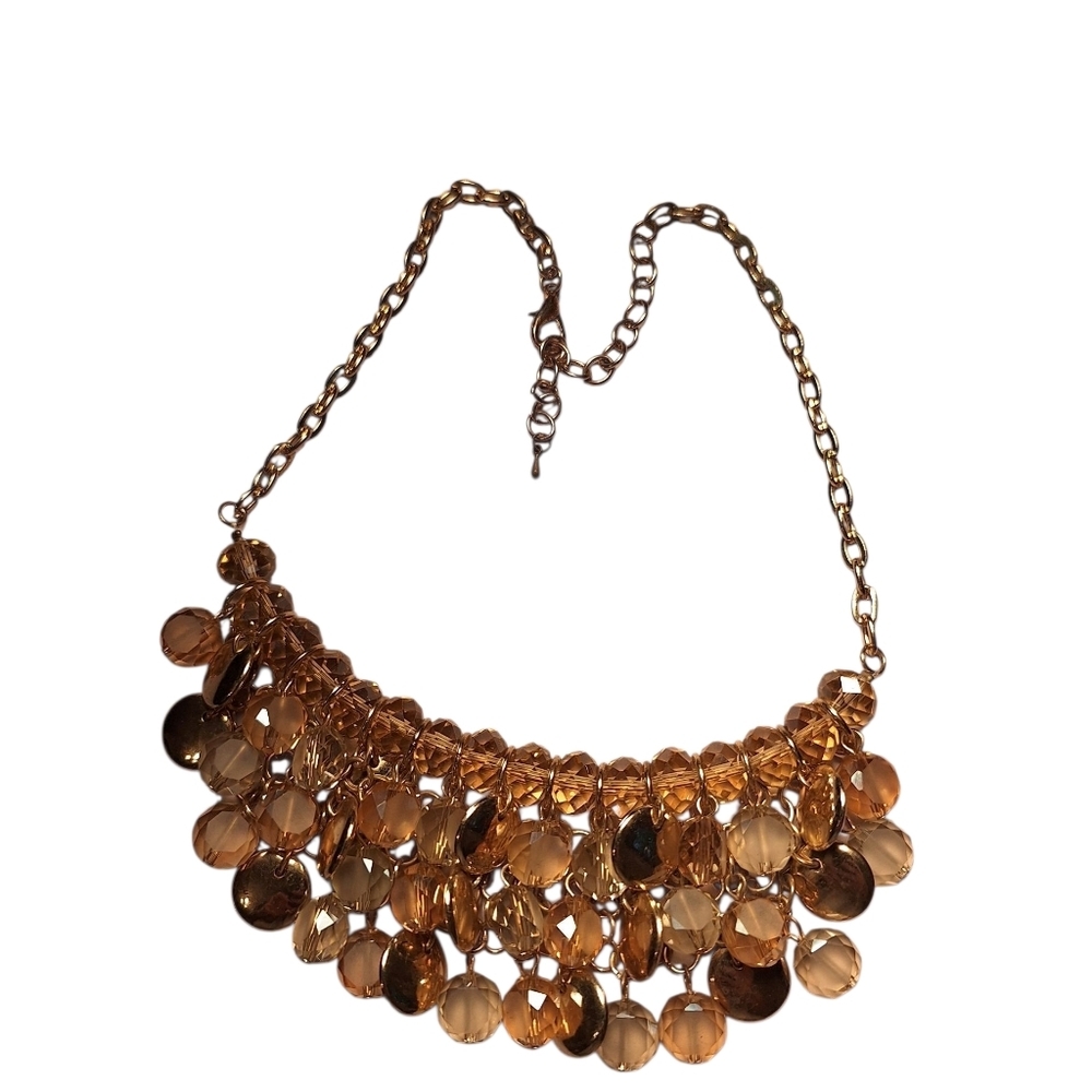 Amber & Gold Toned Heavily Beaded DANGLE Necklace Chandelier BIB Maximalist 20's